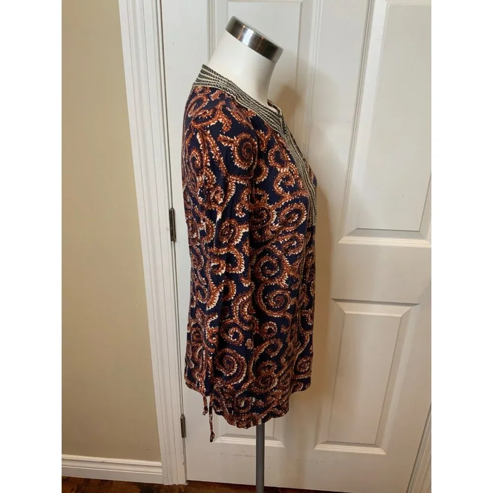 Tory Burch Blue Tunic Top W/ Brown Swirl Print, Size M